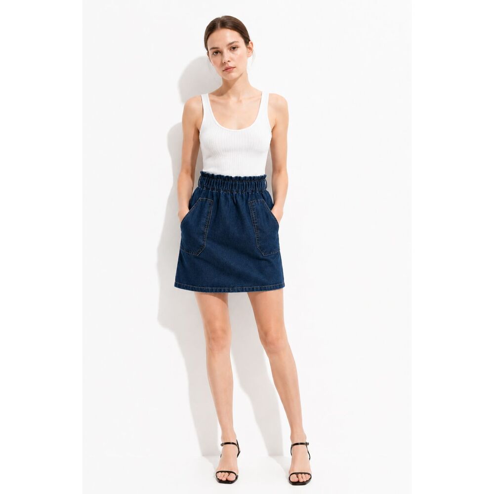 Kancy Kole NEW Paperbag Denim Mini Skirt High Waist Y2K Preppy Blue Jean 90s L